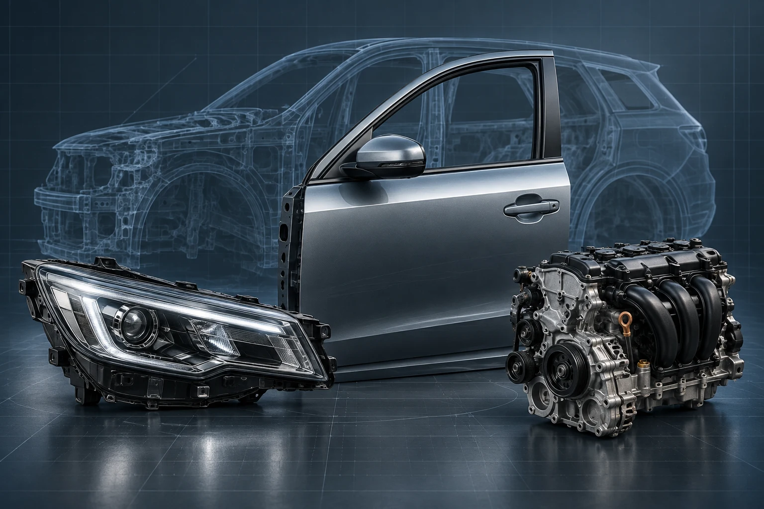 Illustration of a vehicle outline with a recovered original door, headlamp and engine component