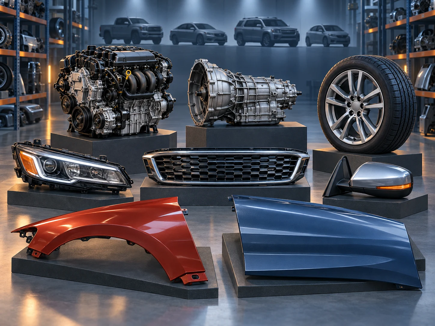 Illustration of recovered engines, transmissions, body panels, headlights and wheels for different vehicle types